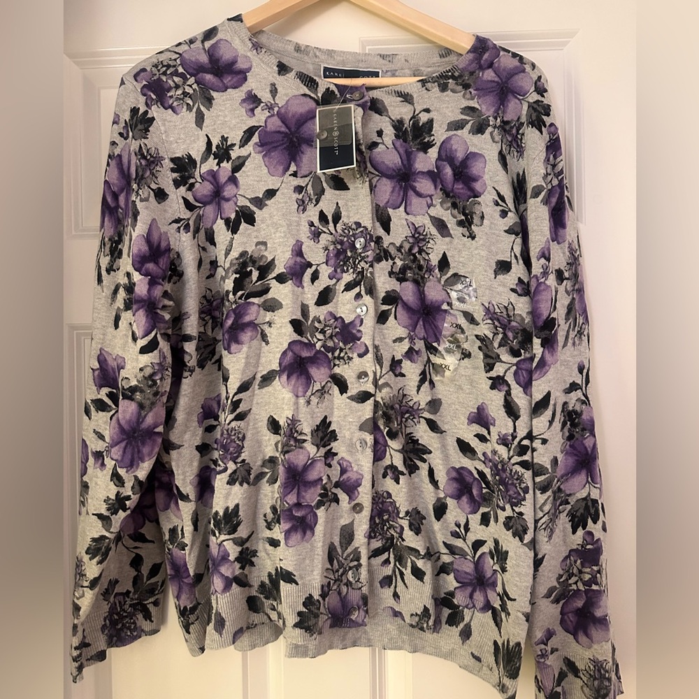 NWT Karen Scott Purple and Gray Floral Jersey Cardigan